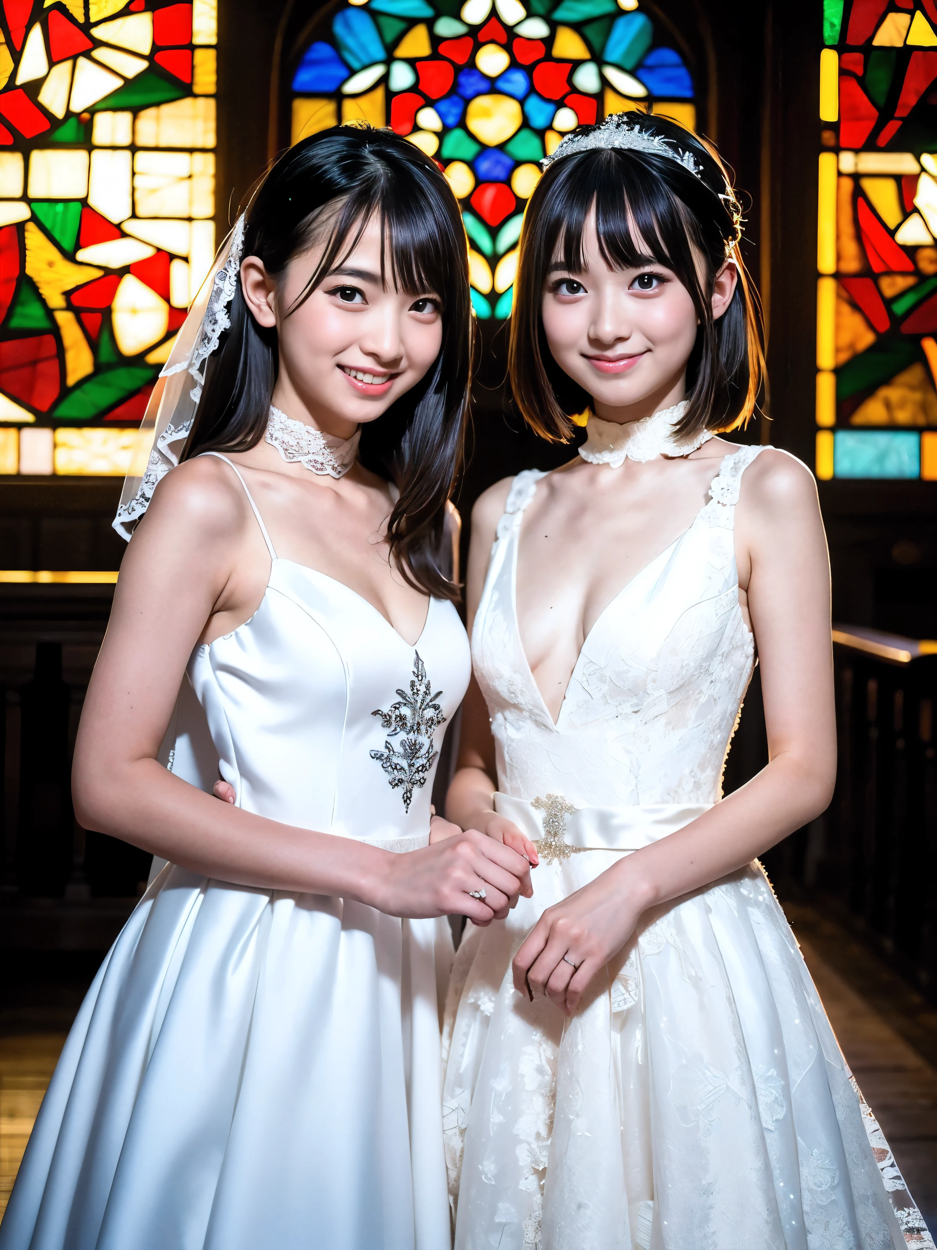 (Flat Chest、Small breasts、Small breasts:1.5)、(8k、RAW Photos、highest quality、masterpiece: 1.3)、Dynamic Angle、masterpiece、Very detailed、High resolution、Two people、(2Pretty girls of people)、Classmate、Friendly high school students、Face Light、Cinema lighting、Professional Lighting、Black Hair、bangs、smile、、Pretty face、Brown eyes、(Wedding dress、Gorgeous dress、detailed lace ornament:1.5)、choker、(Traditional Associations、Stained glass behind、Fractal Pattern)、whole body、Model standing、