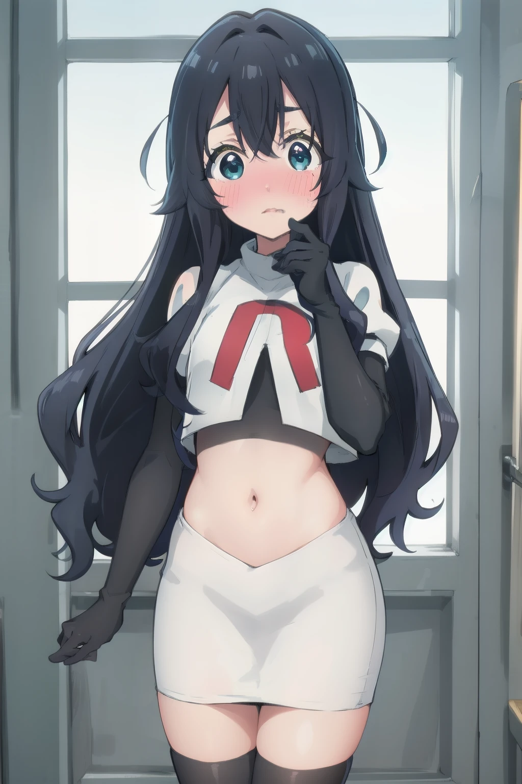 yoshimoto shizuka, 1girl, solo, long hair, looking at viewer, blush, blue eyes, black hair, hair between eyes, very long hair, (shy, blush, embarassed:1.2), (()),high quality, ultra high res, (best quality:0.8), 8k, uhd, dslr, soft lighting, high quality, team rocket,team rocket uniform,white skirt,red letter R,crop top,black thigh-highs,black elbow gloves, cowboy shot