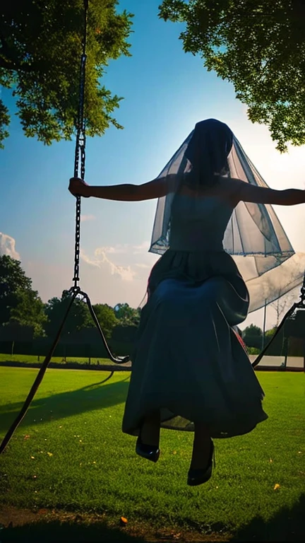 woman sitting on swing,veil flying in the air, Floating Ghost, colored photography, Dreamy atmosphere and dramatic effects, There's a ray of energy in the air, ethereal ghostly atmosphere, low - light photography, Long exposure photography, ghost of a young girl, An ethereal still painting, Long exposure photography, ghostly atmosphere, Beautiful images, slow shutter,Gothic horror masterpiece,beautiful woman,Gorgeous clothes,There is a drop shoulder,There is leakage on the chest