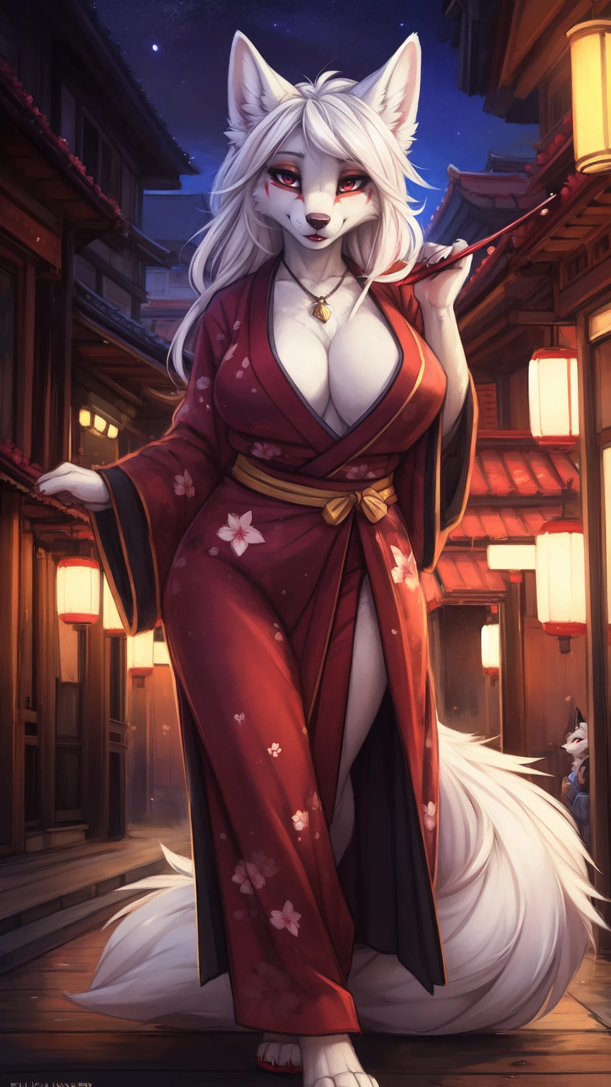 by kenket, Ross Tran, ruan jia, zaush, foxovh, by Zackary911, by hyattlen, by teranen, by fumiko, by Pixelsketcher, by fluff-kevlar, bye r-mk, by Dimwitdog, Furry, Anthro, (luxurious kimono), female white fox with red markings, kemono, (huge breasts), long (elegant) white hair, hourglass body, seductive, alluring eyes, looking at viewer, red markings on body, white fur, traditional japanese, magic fantasy, (mature), milf, tall, curvy, outdoors, red paper lanterns, (redlight district), nighttime, (red eyeshadow), red eyeliner, very expensive kimono with detailed cherry blossoms on it, (prostitute), lipstick, wide hips, come hither, street, brothel, inviting viewer, (prostitution), crowded street, multiple people,