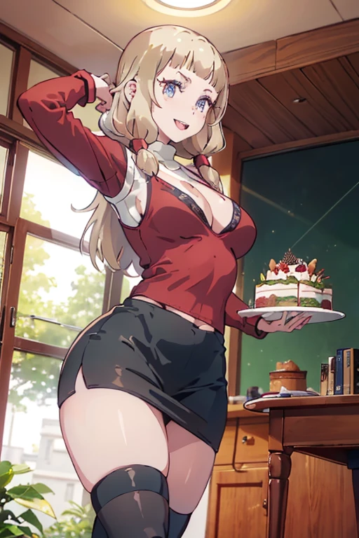 (dynamic angle:1.3, front view:1.1, breast focus:1.3, from below:1.2), (dynamic posing:1.5, sexy posing:1.2, leaning forward), (seductive smiling:1.3), ((looking at viewer, holding a cake)),highest quality、(real、photorealistic:1.4),(ultra high resolution, 8K RAW photo, clear focus), best qualtiy, natural lighting, field depth, (Bright pupils, detailed beautiful eyes, high detailed face), Red lip, (tight focus:1.2, from below), sexy posing, a girl 22yo old, teacher, wearing a , bootyshorts, Thicc, thin breast, long hair, blue eyes,off-shoulder dress, sweater dress, off-shoulder sweater, red sweater,garter stocking, cleavage:1.1, midriff, black shorts, black thighhighs, thigh strap, pretty girl, (highly detailed beautiful face and eyes,firm breasts),real skin,((black,hair,long pony tail hair)),thin pubic hair,cute,lovely, detailed eyes, This masterpiece is only visually stunning but also tells,(double breasted:1.2,under bust:1.2),(with sparkling eyes and a contagious smile),open mouth, Looking at Viewer, posed cleavage:1.2,pose muy sexy"