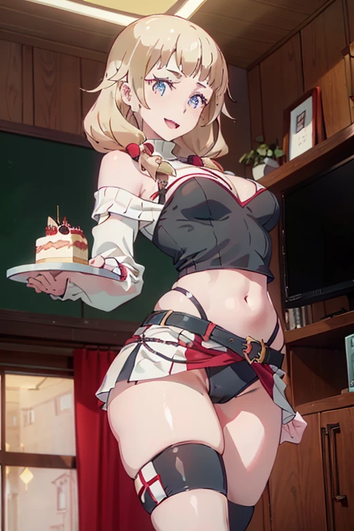 (dynamic angle:1.3, front view:1.1, breast focus:1.3, from below:1.2), (dynamic posing:1.5, sexy posing:1.2, leaning forward), (seductive smiling:1.3), ((looking at viewer, holding a cake)),highest quality、(real、photorealistic:1.4),(ultra high resolution, 8K RAW photo, clear focus), best qualtiy, natural lighting, field depth, (Bright pupils, detailed beautiful eyes, high detailed face), Red lip, (tight focus:1.2, from below), sexy posing, a girl 22yo old, teacher, wearing a , bootyshorts, Thicc, thin breast, long hair, blue eyes,off-shoulder dress, sweater dress, off-shoulder sweater, red sweater,garter stocking, cleavage:1.1, midriff, black shorts, black thighhighs, thigh strap, pretty girl, (highly detailed beautiful face and eyes,firm breasts),real skin,((black,hair,long pony tail hair)),thin pubic hair,cute,lovely, detailed eyes, This masterpiece is only visually stunning but also tells,(double breasted:1.2,under bust:1.2),(with sparkling eyes and a contagious smile),open mouth, Looking at Viewer, posed cleavage:1.2,pose muy sexy"
