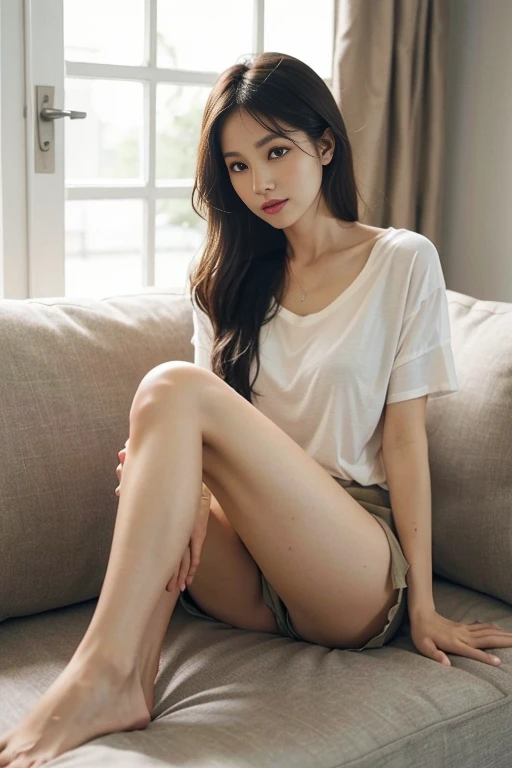 One woman,(35age)、Sit on a comfortable sofa,Crossing your legs,Soft Light,barefoot,Wear only large white shirts ,barefoot,8K,Masterpiece、