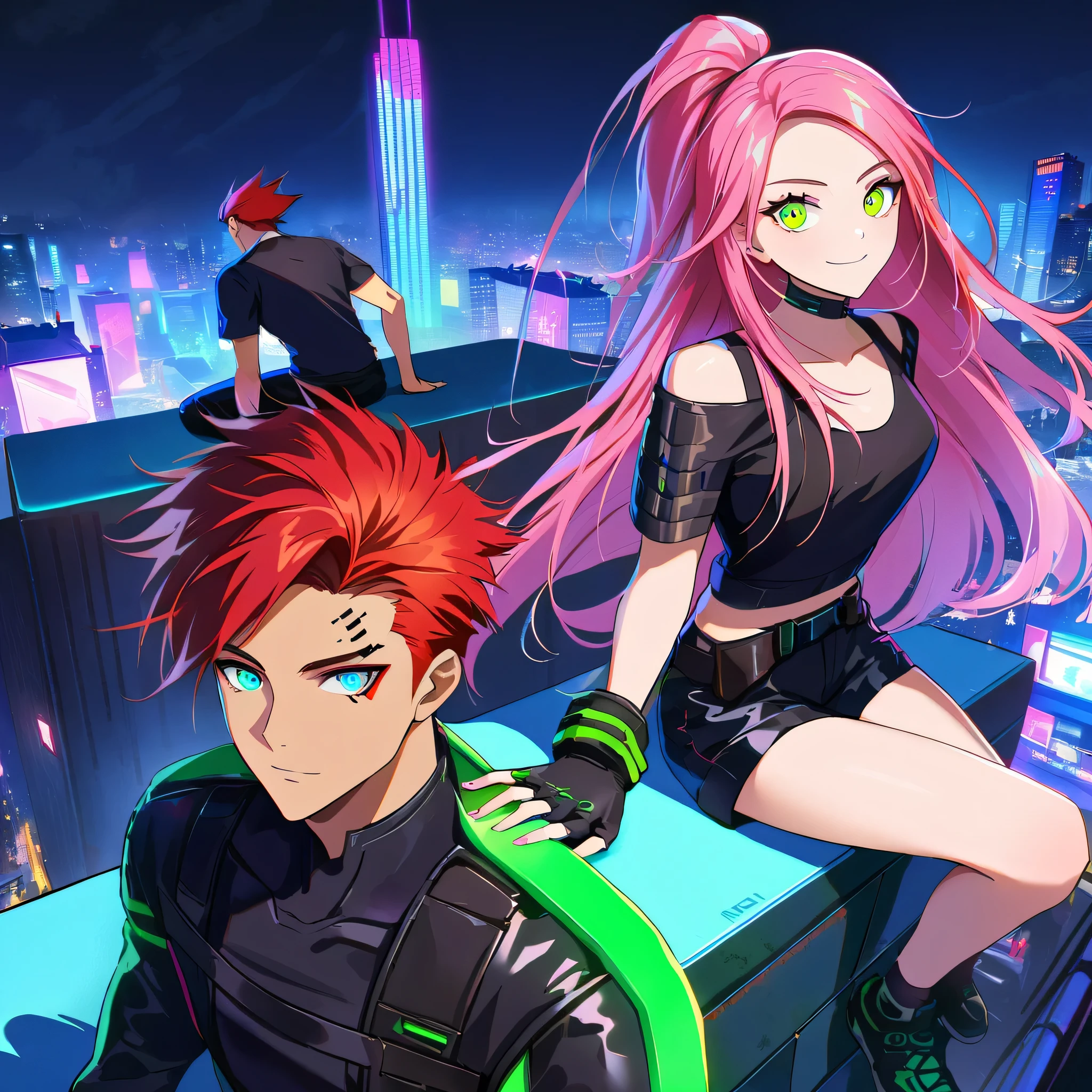 two persons, A man and a girl , male man with short and red hair messy upwards with some ultra long strands falling on the forehead, holding a perfect neon katana wearing a leather white jacket and black t shirt, sitting and confident pose, confidente smile, cyberpunk, night, fingerless gloves, neon eyes, ultra detailed face and a gorgeous cute girl with very pink long hair, parkour, cyberpunk tweaks, city rooftops, dangerous look