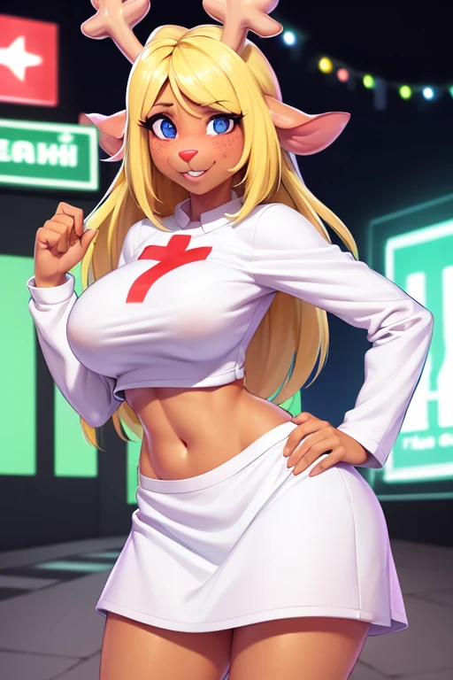 (noelle, furry female anthro, blonde hair, deer girl, red deer nose, white eyes, white pupils, white nurse outfit, big breasts, midriff), blushing, hands on hips, wide hips, green neon city, smiling