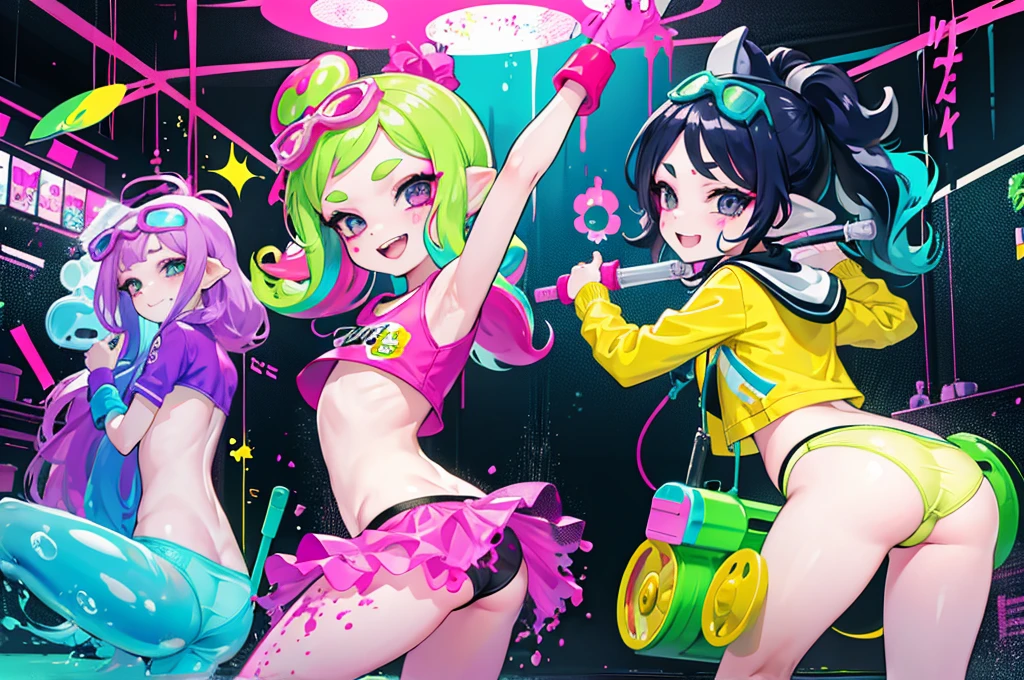 popart,tween kids playing Splatoon pretend,have a lot of ink on their bodies,playing with paint on each other using water-gun or bubble-gun,colorful classroom,panties,very happy,very slutty,smile,beautiful lighting, volumetric lighting, dynamic pose,sharp,