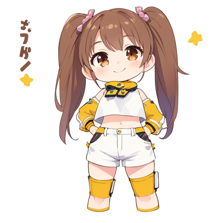 masterpiece, best quality, 1girl, (chibi:1.1), crop top, shorts, brown hair, twintails, brown eyes, smile, rating_safe