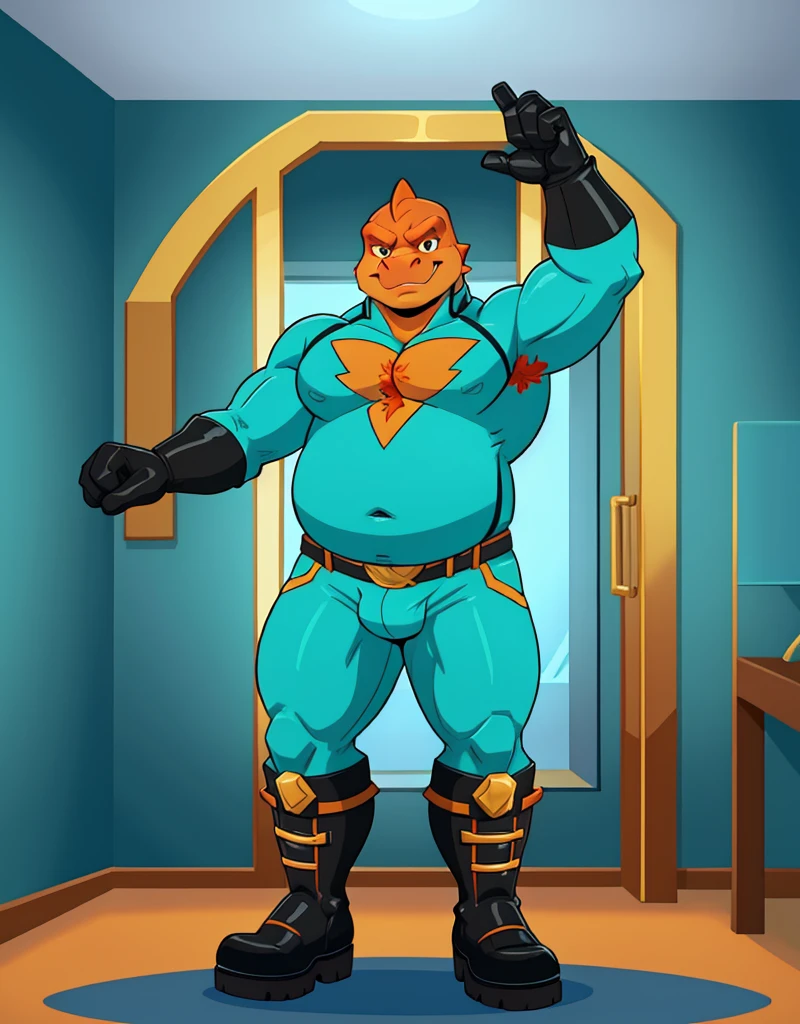 A male chubby anthropomorphic lizard with orange scales, wearing cyan skimpy superhero suit with black boots, gloves and a belt, doing a victory poses, full body, in a private room, body hair,