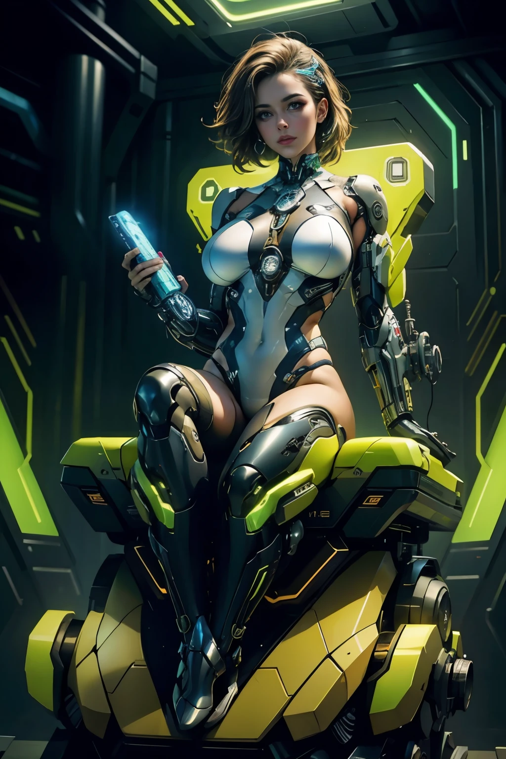 Hannah Palmer as a bodybuilder cyborg with bionic parts in your body, cyberpunk swinsuit, blue-white-lime green, Sitting cross-legged in a futuristic chair and holding a complex and strange artifact, futuristic lab, blueprint, photostudio composition, digital art, illustration concept art in the style of Artgerm and Adam Hughes