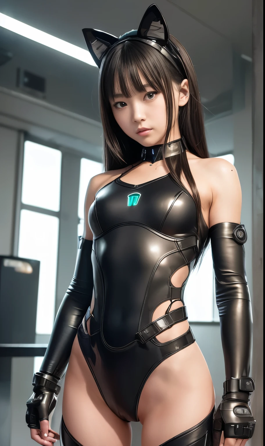 high quality, A photorealistic masterpiece, Futuristic man in black suit holding a rifle、Machine glowing cat ears、Two close friends, Beautiful teenage girl, Small and skinny girl, pretty girl, cyber punk, Wearing futuristic robotic tactical shear armor cyber punk suit with cutouts showing body, Lean athletic body showing legs, Innocent, Playful, Famous Japanese actresses, so beautiful, Very young face、Very short、((A clean hip joint))、((A pretty face in a metal bikini)),skirt, dress、((NSFW))