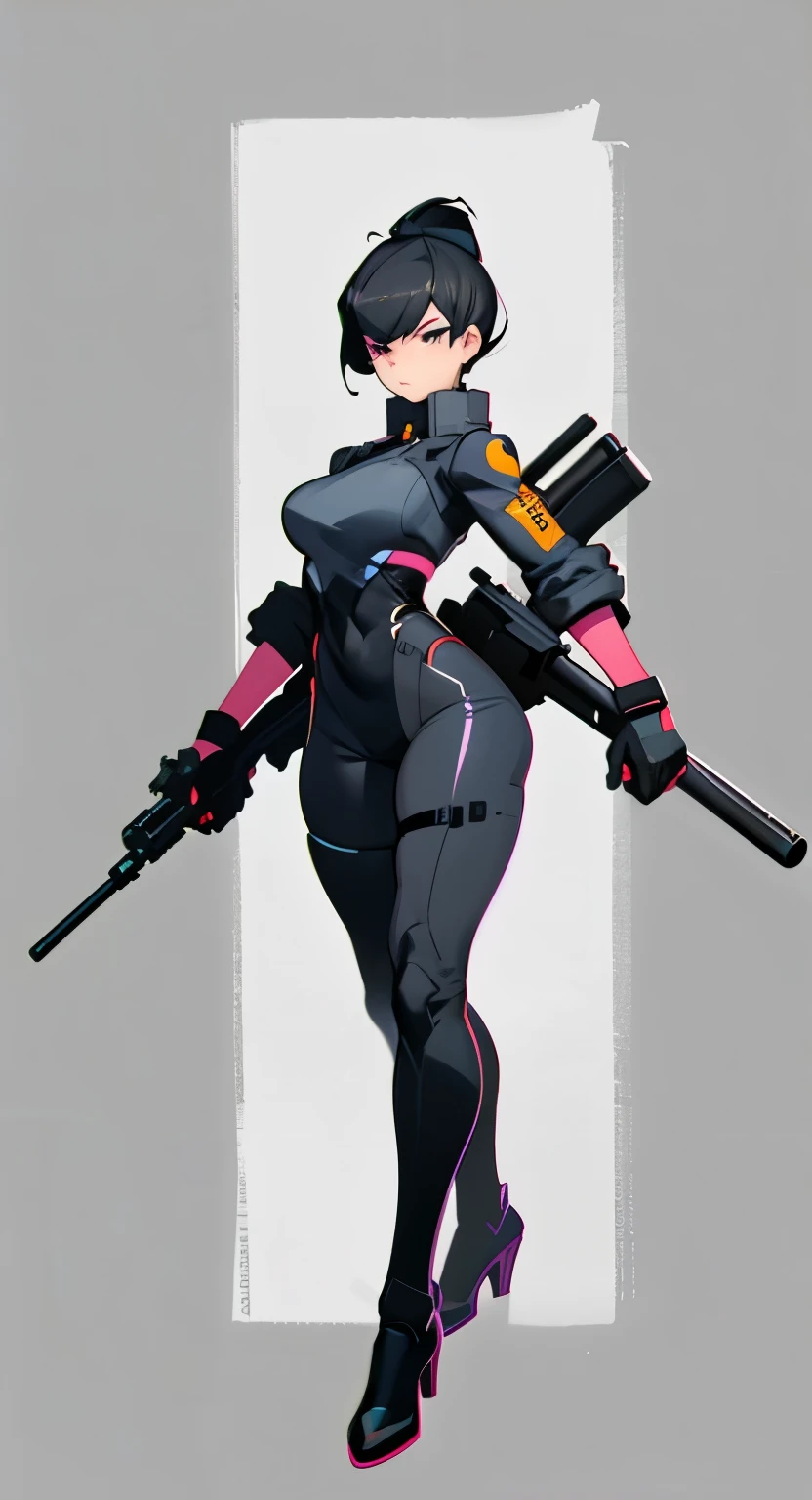 Drawing of a woman holding two guns and a gun, clean lines, thick silhouette, whole body concept, clean anime outlines, sharp lines, 2d game line art behavior hd, 2 d game line art behavior hd, perfect lines, heavy line draft, detailed whole body concept, line art behavior hd, Line work concept art