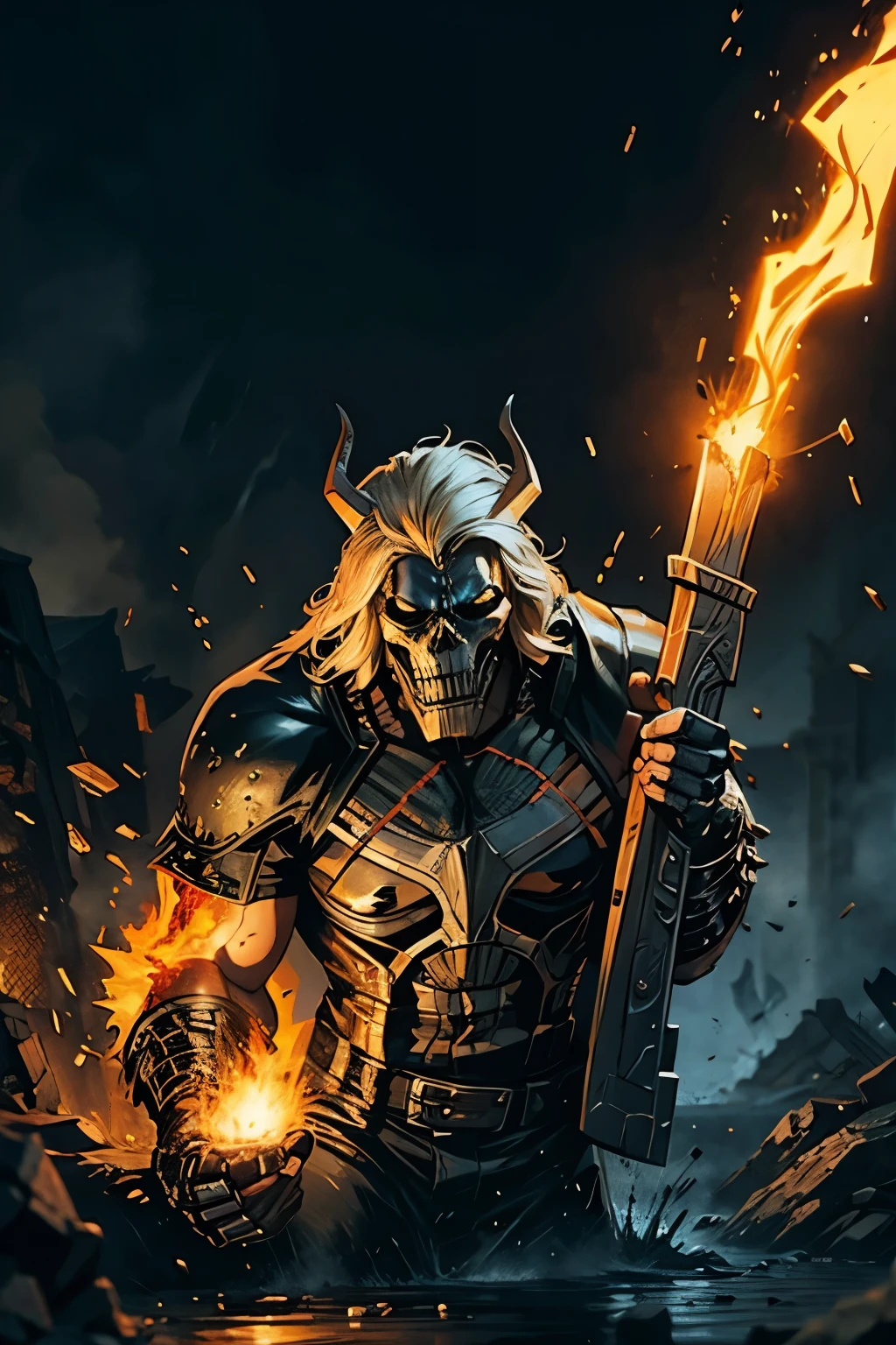 Close-up (Ghost Rider from Marvel in Viking style: 1.3) emerging from wet black mud, extremely detailed, smoke, sparks, metal shavings, flying debris, volumetric light