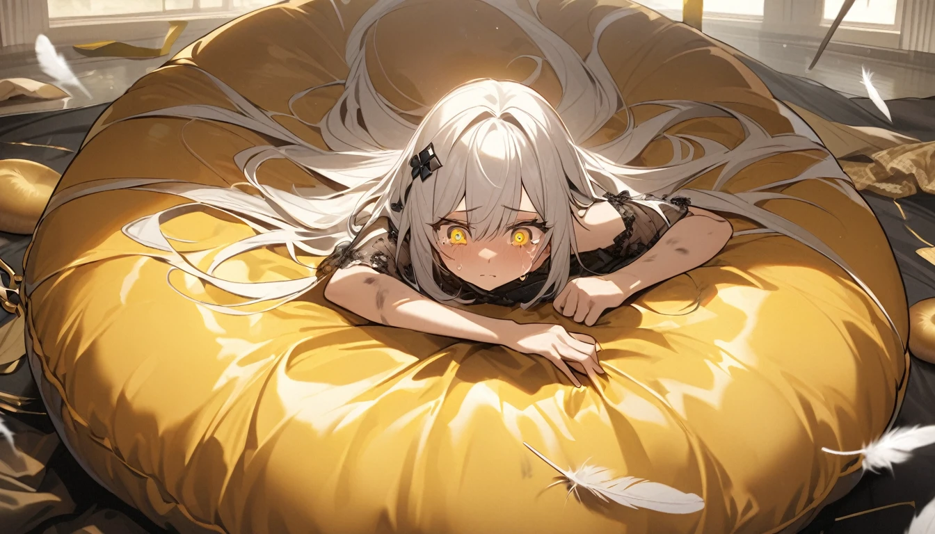 A woman, flowing white hair, melancholy eyes, yellow pupils, black diamond-shaped hairpin, A woman is cutting up a tattered super huge golden silk cushion with scissors in a dirty way. many tiny feathers are dancing, She wears a see-through gown, Tattered cushions, She's lying on a super huge golden silk cushion. The woman is crying and tearing up the cushions with scissors.