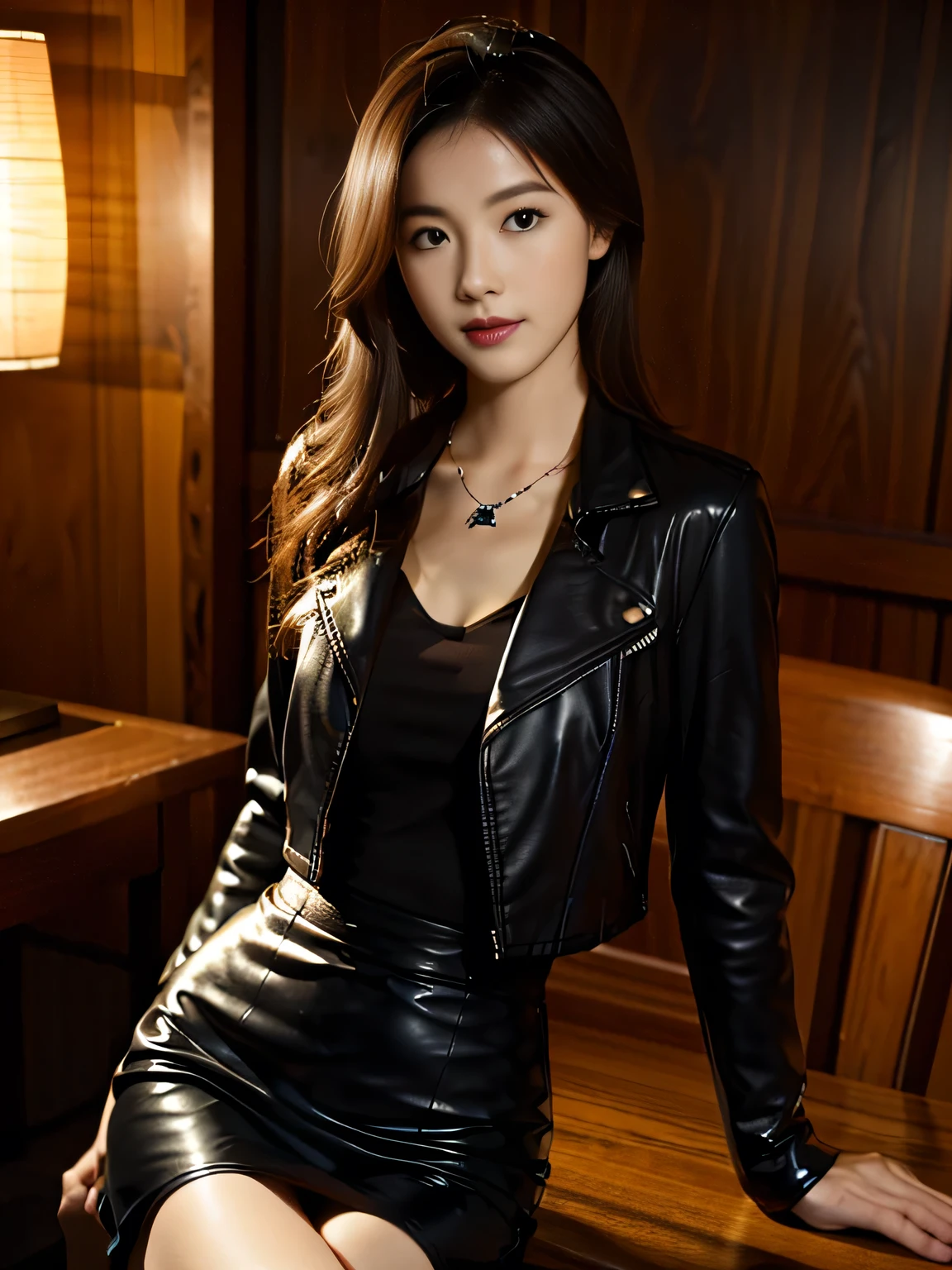 Wearing black leather gloves up to the fingertips in both hands, upper body, red leather double riders jacket, slender necklace, young and cute Japanese girl with beautiful brown hair, sitting on a black leather chair crossing her legs, facing the desk in the boss's empty room at night, aligning both hands with black leather gloves on the desk