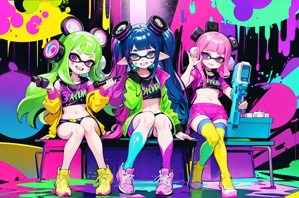 popart,tween kids playing Splatoon pretend,have a lot of ink on their bodies,playing with paint on each other using water-gun or ink-gun,colorful classroom,very happy,very slutty,smile,beautiful lighting, volumetric lighting, dynamic pose,sharp,