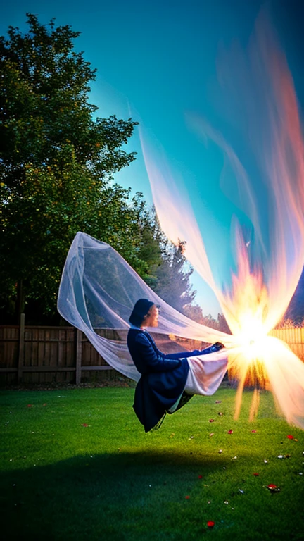 araffe woman sitting on a swing with a veil flying in the air, floating ghost, colored photography, dreamy atmosphere and drama, wisps of energy in the air, ethereal ghostly atmosphere, low light photography, long exposure photography, ghost of a young girl, a still of an ethereal, long exposure shot, ghostly atmosphere, beautiful image, slow shutter gothic beautiful woman,There is leakage on the upper chest,There's a ghost behind you