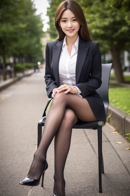 whole body, highest quality, Realistic, Very detailed, finely, High resolution, 8k wallpaper, One beautiful woman,, Light brown messy hair, Wear a business suit, Sharp focus, Perfect dynamic composition, Beautiful and detailed, Thinning hair, Detailed Realistic skin texture, smile, Model Body Type,Six-pack、Big Hips、Narrow waist、Muscular, long and beautiful legs、Beautiful legs、Beautiful thin black pantyhose、Super mini tight skirt、Plump thighs、Tight ankles、Wearing expensive high heels、You can see the toes of her high heels、Sitting on a chair outdoors、Perfectly beautiful woman、