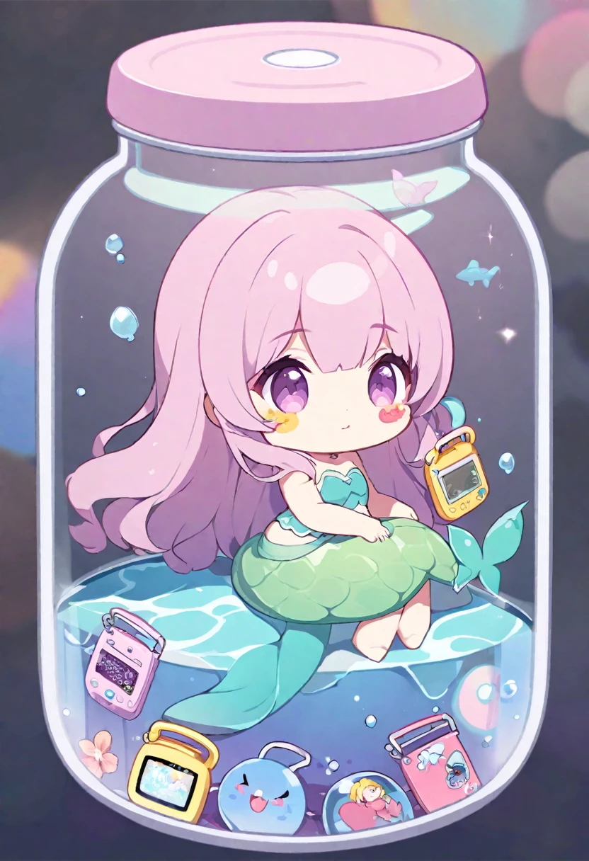 a little mermaid sitting inside of a glass jar, deviantart contest winner, sticker design, 2 5 6 x 2 5 6 pixels, tamagotchi, clipart