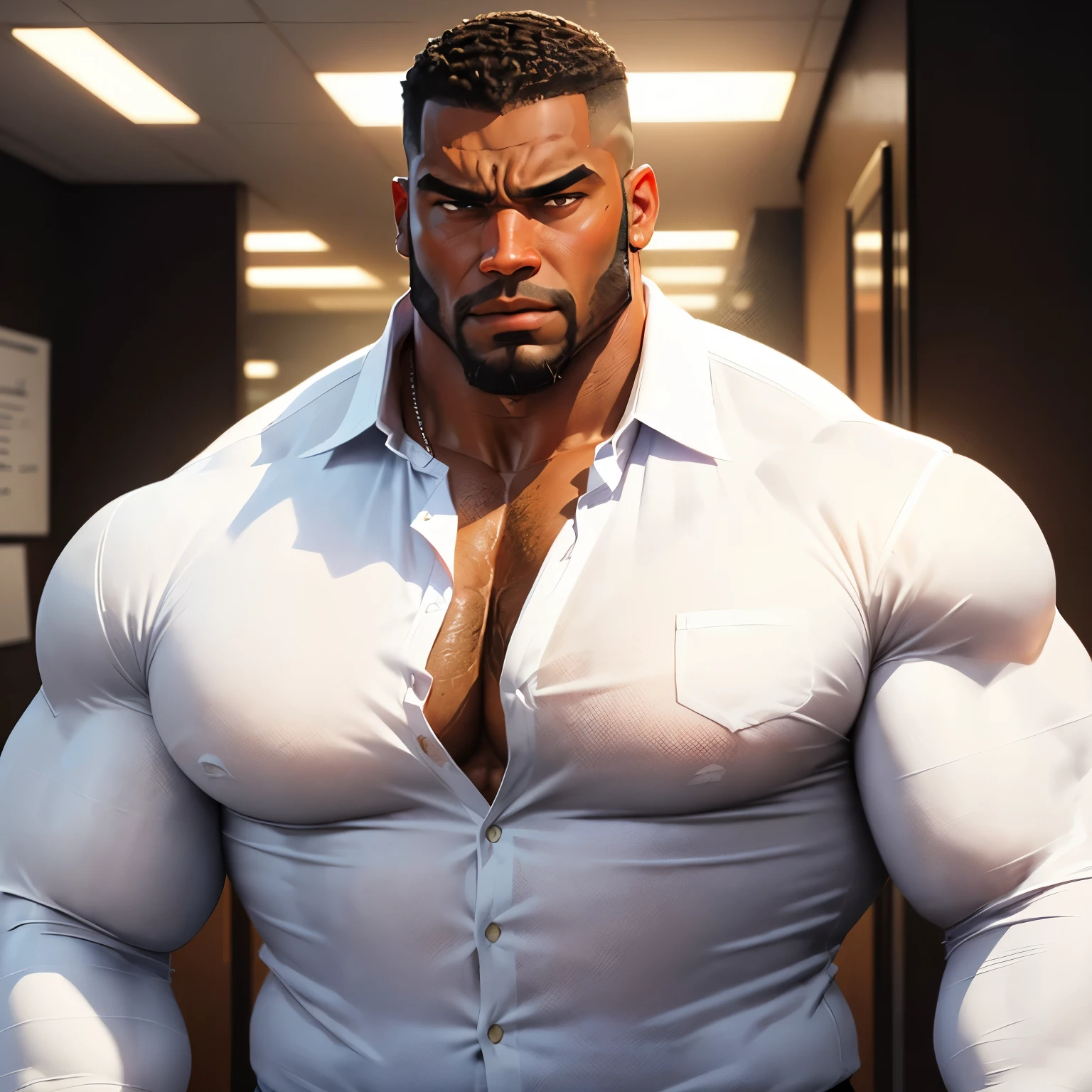 an exaggeratedly muscular and large bodyguard, beefy build, beard, dark-skinned african american male, buzzcut hair with square line, (confused expression: 1.2), (wearing white casual business shirt: 1.2), (torn shirt: 1.1), (bara pecs: 1.3), beefy pecs, (arm and chest hair: 1.2), portrait HD, (fluorescent office building)