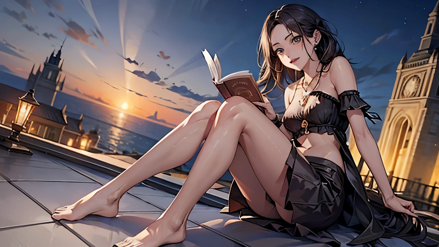 ((Biologically correct limb count))、(( Full-body photo including face))、4K、masterpiece、((Symmetrical facial features))、Eye for detailed depiction、Beautiful woman、Excellent style、Beautiful clavicle、Beautiful feet、Beautiful Hands、Slender body、(Small Ass、Thin thighs)、Facial detailing、Small earrings、necklace、Glancing sideways、Great background、Low Angle、Short skirt、Rooftop、Reading a book