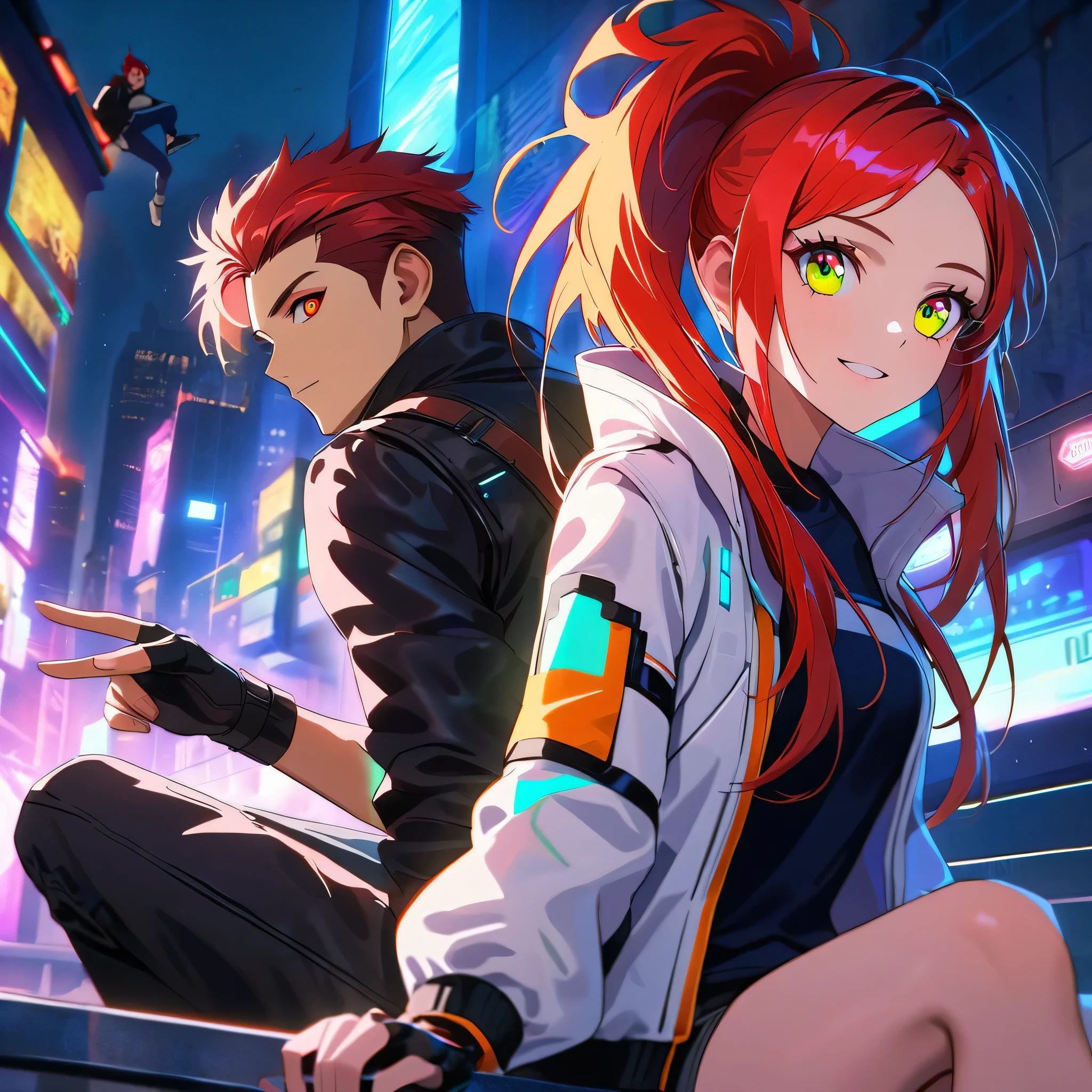 two persons, A man and a girl , man with short and red hair messy upwards with some ultra long strands falling on the forehead, holding a perfect neon katana wearing a leather white jacket and black t shirt, sitting and confident pose, confidente smile, cyberpunk, night, fingerless gloves , red hair, neon eyes, ultra detailed face, gorgeous cute girl with very white long hair, parkour, cyberpunk tweaks, city rooftops, dangerous look 