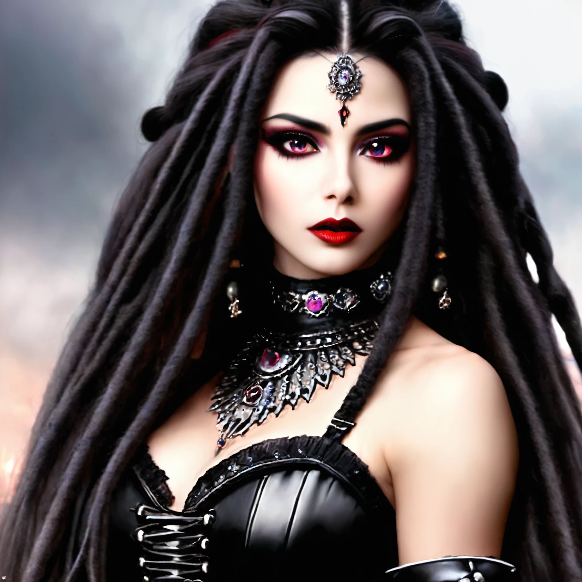 arafed woman with dreads and a choke and a choker, dark goth queen, goth woman, portrait of a dark goddess, seductive cyberpunk dark fantasy, beautiful vampire queen, dark goth queen with blue eyes, beautiful vampire female queen, goth girl, gothic and futuristic, beautiful dark elf countess, gothic fantasy art, gothic maiden of the dark, beautiful female gorgon