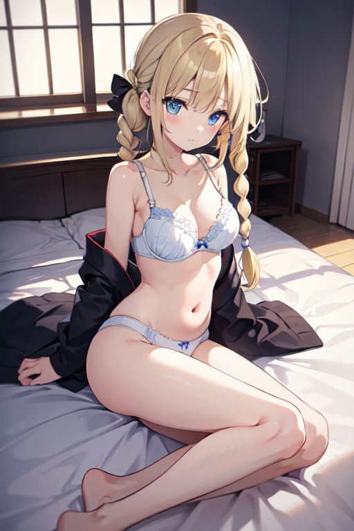 masterpiece, highest quality, High resolution, -yeld giblue eyes、
blonde,  Braiding, White bra、White panties、Japanese-style room、Itashiki、Lie down