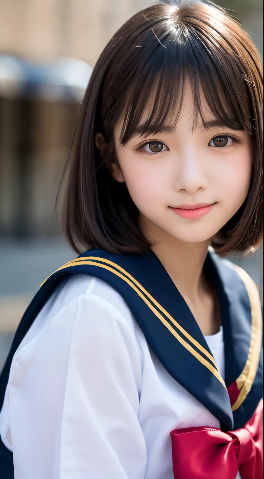 masutepiece, Best Quality, 8K, 8ars old, Teen, Raw photo, absurderes, award winning portrait, Smile, Solo,  Idol face, Delicate girl, Upper body, Digital SLR, Looking at Viewer, Candid, Sophisticated,Thin arms, Professional Lighting, Film grain, chromatic abberation, (Eyes and faces with detailed:1.0), (Bokeh:1.1) , (Sailor Uniform:1.1) , closes mouth , A dark-haired , drooing eyes , large full breasts , (Thick lip:1.2) , 15ear facePink lips , de pele branca , Flushed cheeks , Short hair