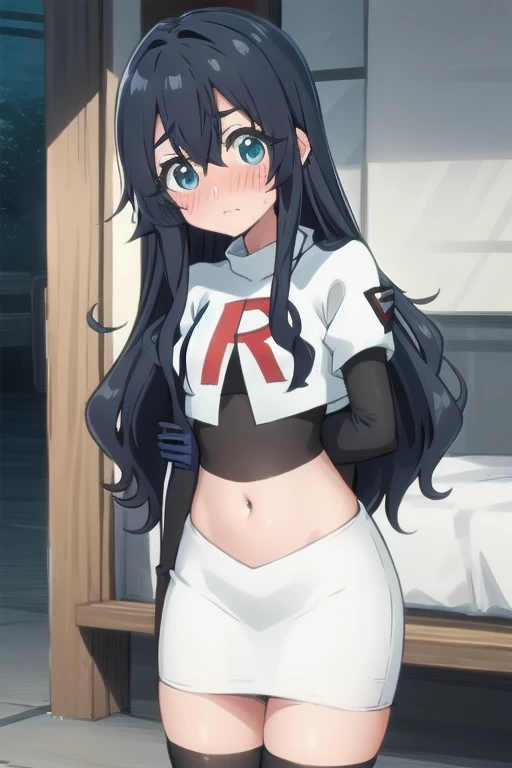 yoshimoto shizuka, 1girl, solo, long hair, looking at viewer, blush, blue eyes, black hair, hair between eyes, very long hair, (shy, blush, embarassed:1.2), (()),high quality, ultra high res, (best quality:0.8), 8k, uhd, dslr, soft lighting, high quality, team rocket,team rocket uniform,white skirt,red letter R,crop top,black thigh-highs,black elbow gloves, cowboy shot