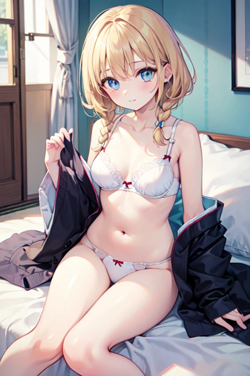 masterpiece, highest quality, High resolution, -yeld giblue eyes、
blonde,  Braiding, White bra、White panties、Japanese-style room、Itashiki、Lie down