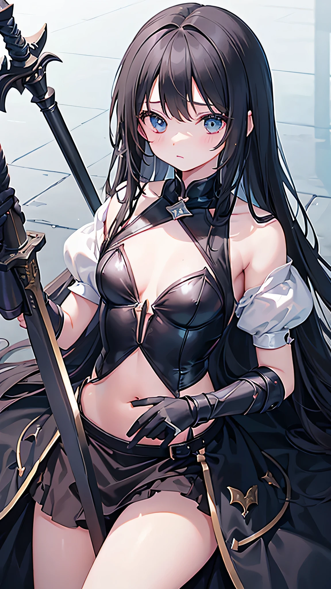 1girl、(9 year old female knight in training)、Bored look、Long black hair、(Gorgeous princess dress)、White Princess Gloves、Small breasts、belly button、Thighs、Holding a thin sword in one hand、((sexy Knight))、(Training in the arena)、((Angle from below))、