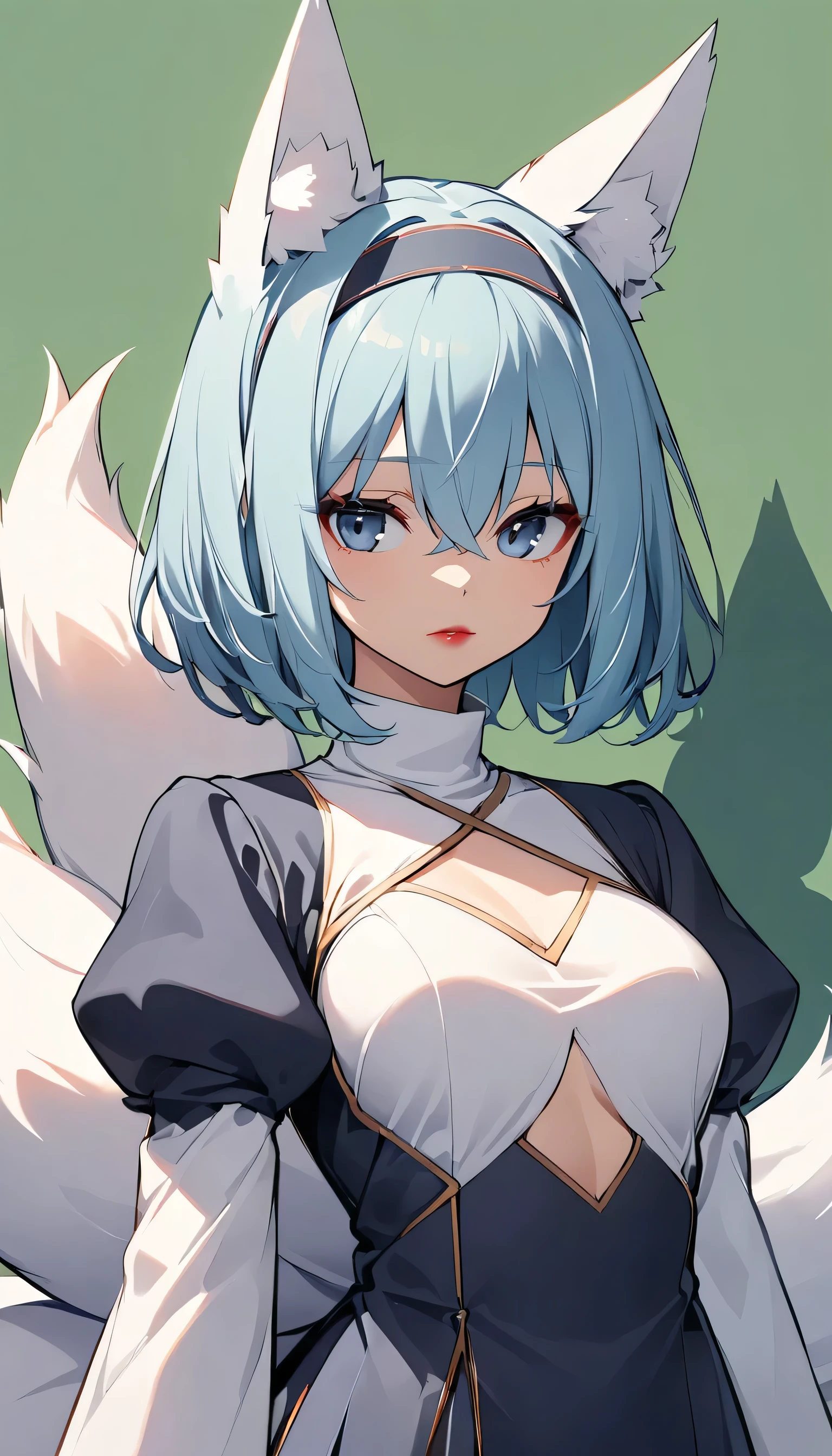 One girl, chest, Chest cleavage, Chest cleavage cutout, Dress cutout, Green background, Hair between the eyes, head band, High resolution, Juliet Sleeve, Long sleeve, Fluffy sleeves, Red lips, Shadow Face, short hair, alone, Turtleneck sweater, Upper Body, l Blue hair, null, White fox ears, White fox tail, nine tailed fox,