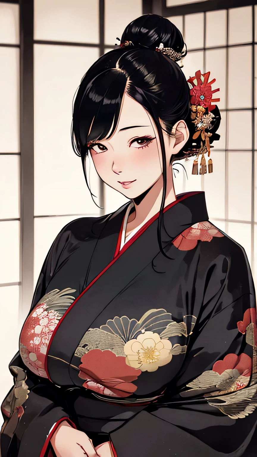 (best quality), (very aesthetic), (ultra-detailed), (best illustration),(realistic), 1 girl, Solo, fine texture,black hair,single hair bun,Shiny hair,large breasts,eye makeup,(random color kimono1.2),Japanese-style room