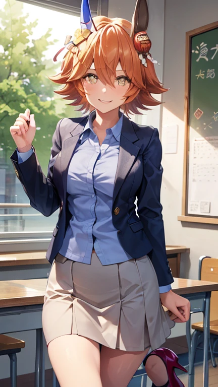(masterpiece:1.2, top-quality), beautiful illustration, (natural side lighting, movie lighting), nsfw, looking at viewer, cowboy shot, front view:0.6, matikanefukukitaru \(umamusume\), 1 girl, japanese, teacher, perfect face, (large breasts:0.8), beautiful hair, beautiful face, beautiful detailed eyes, beautiful clavicle, beautiful body, beautiful chest, beautiful thigh, beautiful legs, beautiful fingers, ((detailed cloth texture, (saxe blue business suit jacket), lavender collared shirts, saxe blue tight skirt, high heels), (beautiful scenery), evening, class room, school, standing, (graceful, smile, upper eyes),