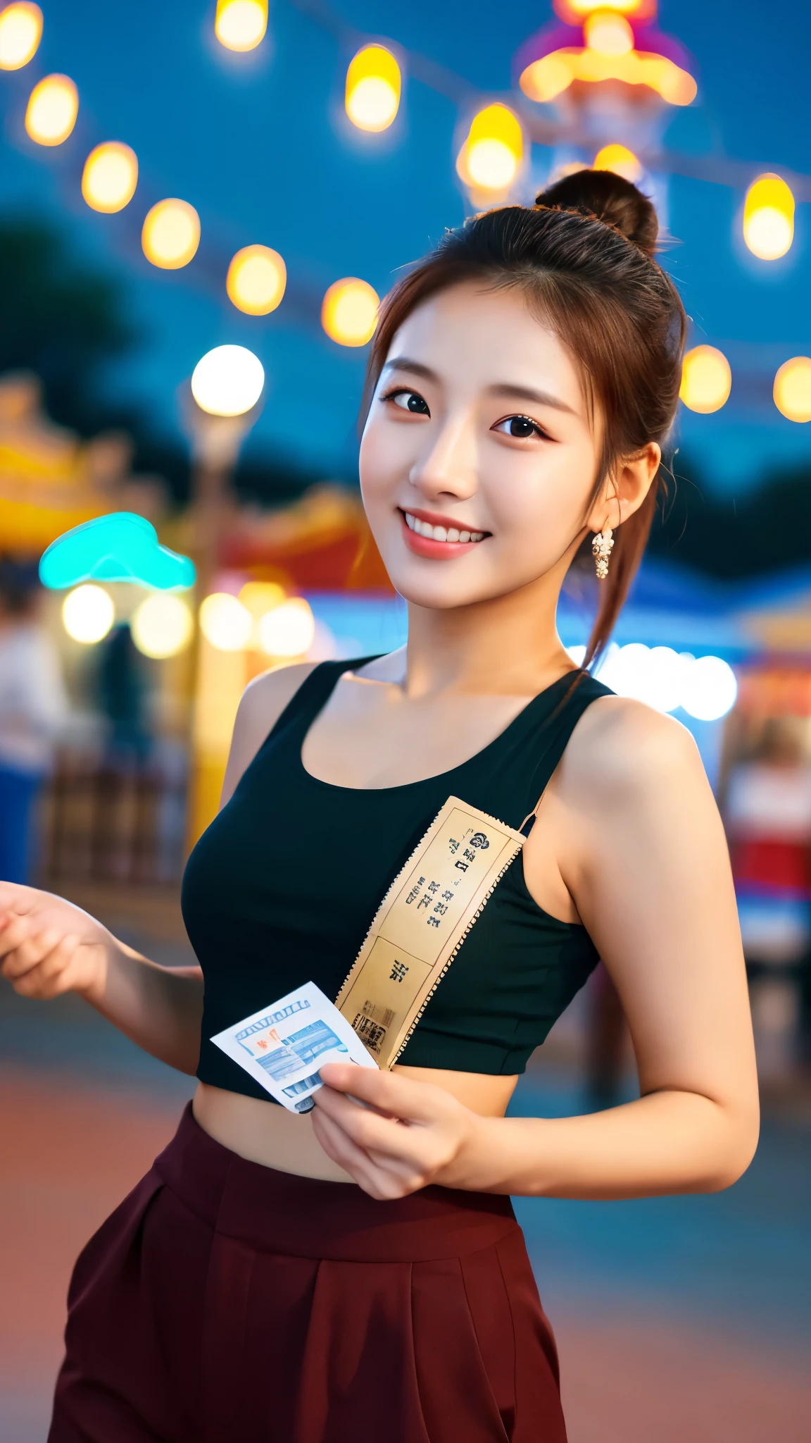 close-up of beautiful korean female, high ponytail, wearing tank top, pants, holding ticket, in amusement park, bokeh background, night, UHD