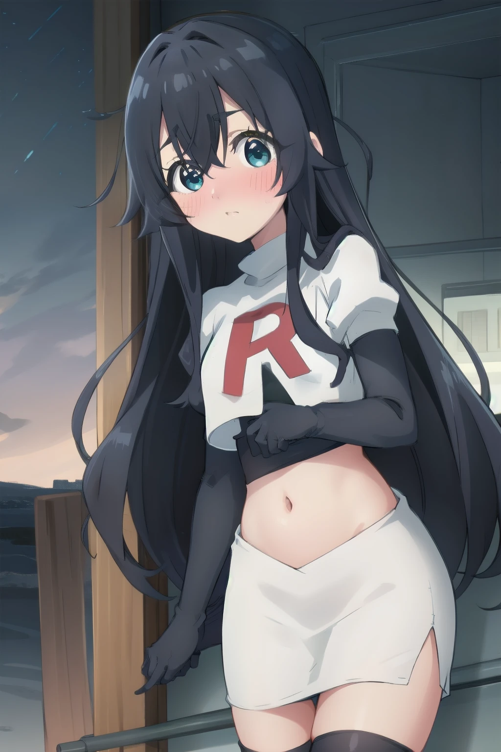 yoshimoto shizuka, 1girl, solo, long hair, looking at viewer, blush, blue eyes, black hair, hair between eyes, very long hair, (shy, blush, embarassed:1.2), (()),high quality, ultra high res, (best quality:0.8), 8k, uhd, dslr, soft lighting, high quality, team rocket,team rocket uniform,white skirt,red letter R,crop top,black thigh-highs,black elbow gloves, cowboy shot
