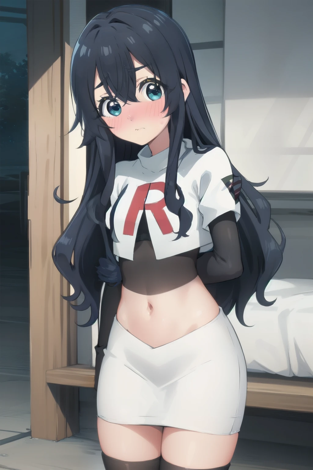 yoshimoto shizuka, 1girl, solo, long hair, looking at viewer, blush, blue eyes, black hair, hair between eyes, very long hair, (shy, blush, embarassed:1.2), (()),high quality, ultra high res, (best quality:0.8), 8k, uhd, dslr, soft lighting, high quality, team rocket,team rocket uniform,white skirt,red letter R,crop top,black thigh-highs,black elbow gloves, cowboy shot