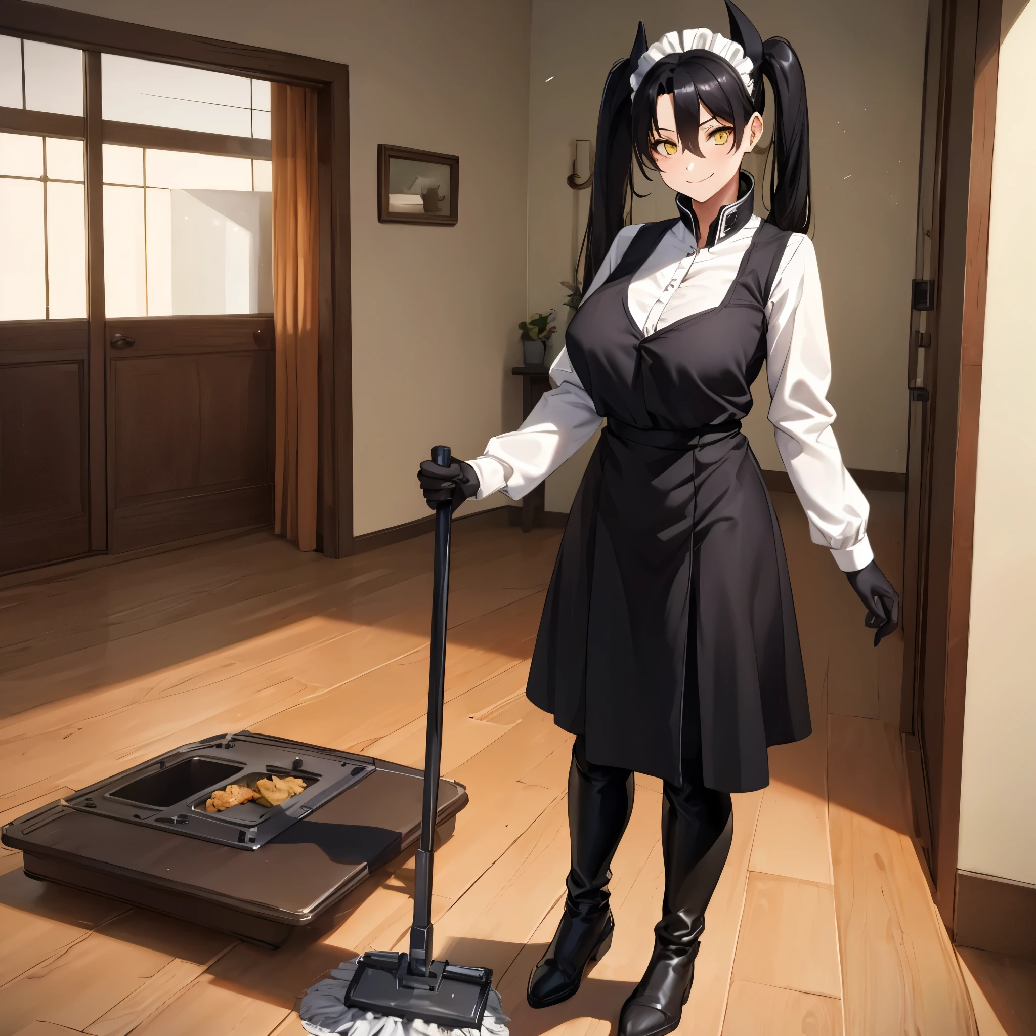 Woman in traditional maid uniform, black clothes, white apron, black hair, pigtails, yellow eyes, large breasts, full body, black boots, black gloves, holding a mop, smiling, in a room of a modern house,( solo woman), glow, drop shadow, flower, UHD, masterpiece, accurate, anatomically correct, textured skin, super detail, high quality, best quality, 8k, high resolution
