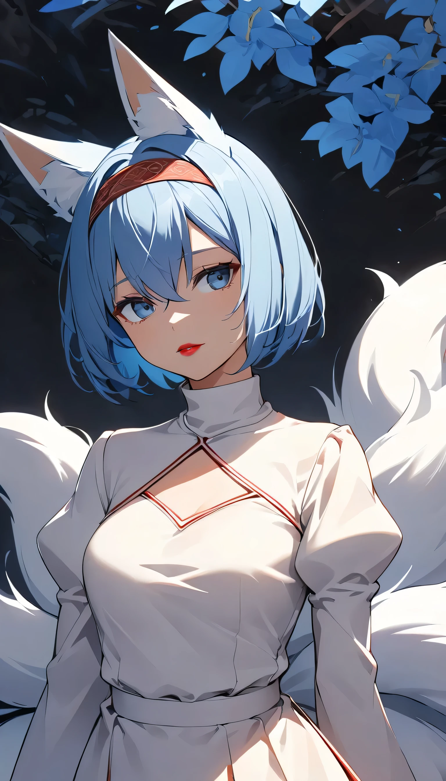 One girl,  chest, Chest cleavage, Chest cleavage cutout, Dress cutout, Spectacular Nature、 Hair between the eyes, head band, High resolution, Juliet Sleeve, Long sleeve,  Fluffy sleeves, Red lips, Shadow Face, short hair, alone, Turtleneck sweater, Upper Body, l Blue hair, null, White fox ears, White fox tail, nine tailed fox,