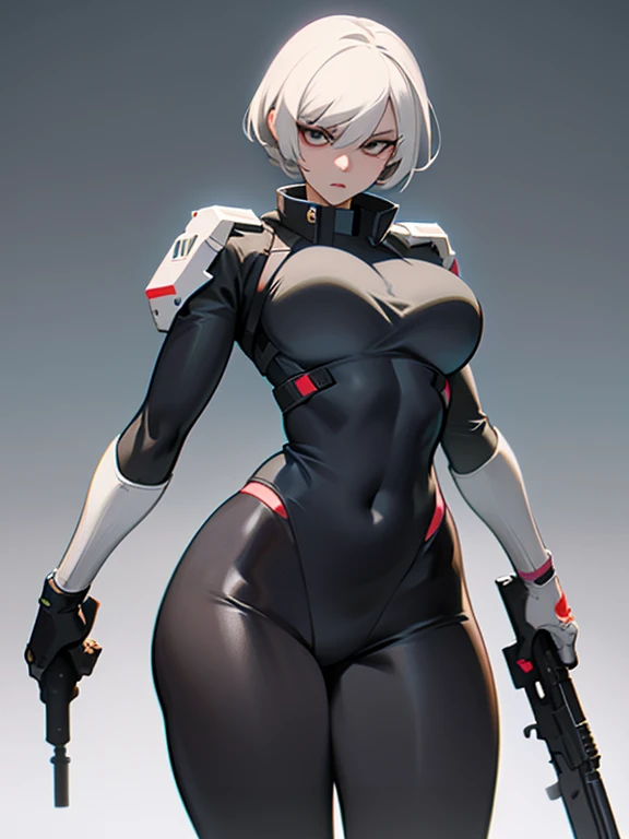 Moan, Open mouth, young girl, Pullover, whole body to see, bob bangs hair, (( very wide hips)), (((colossal Thighs, gigantic thighs, very huge thighs, very big thighs))), fullbody, platform heels, pale skin, very Big breast, withe mini bikini , firm breast, standing, Cyberpunk, Cyborg, mechanical arm, gun holsters,