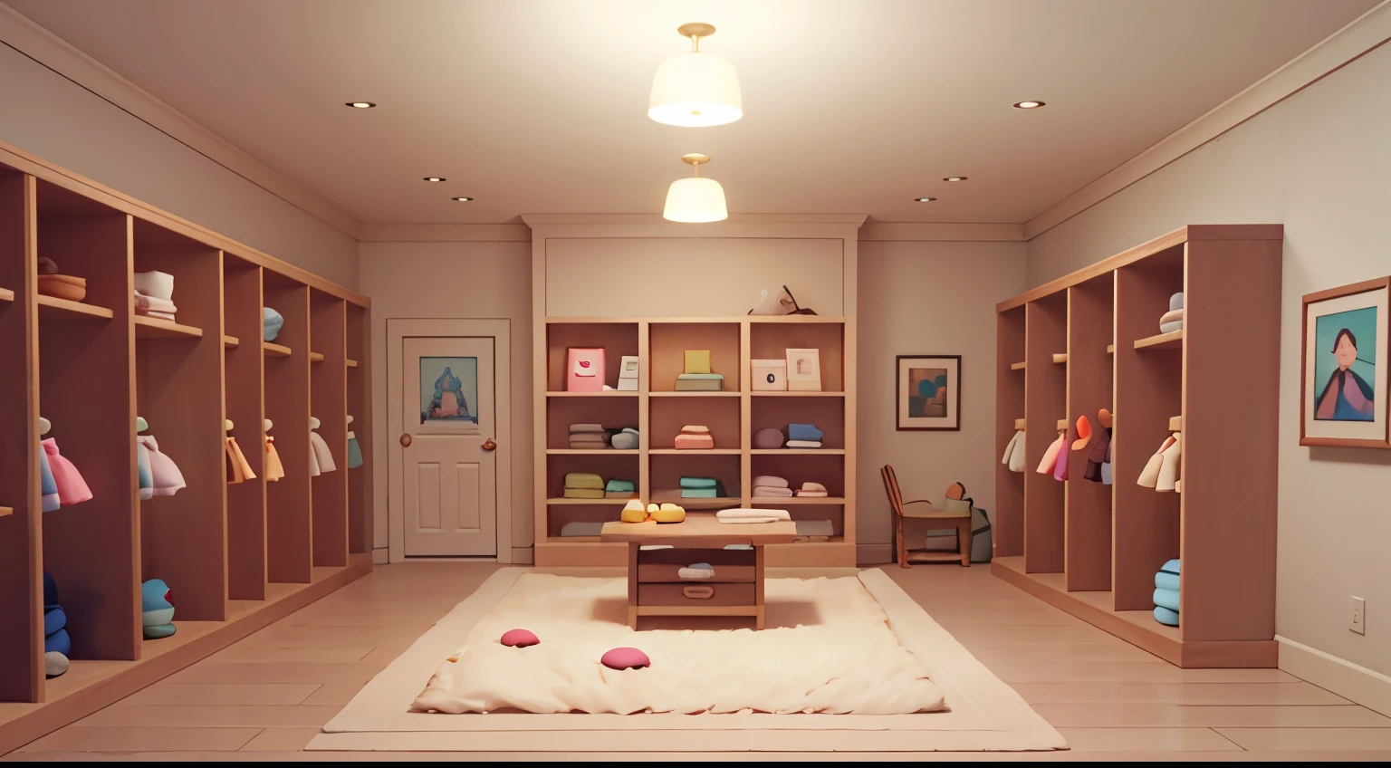 Manga style, ，Casual Game Style, Women's changing room，Clothing model，Full Frame Lens，Unreal Engine，Pleasant interior lighting，Art Station，Detailed digital painting，Cinema Lighting，Mark Ludden、Pixar、Hayao Miyazaki character design，Macaron color scheme，Daz，Adorable，Octane Rendering，3DMDT1，attention arousal，Vacant rooms
