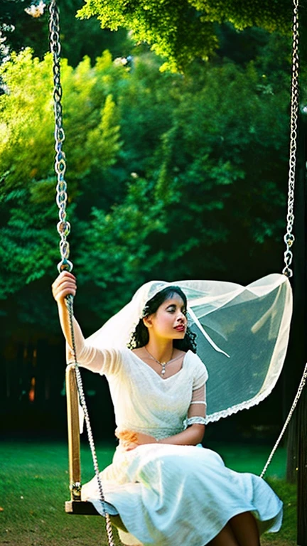 woman sitting on swing,veil flying in the air, Floating Ghost,The ghost is pushing the swing,colored photography, Dreamy atmosphere and dramatic effects, There's a ray of energy in the air, ethereal ghostly atmosphere, low - light photography, Long exposure photography, ghost of a young girl a young girl,two, An ethereal still painting, Long exposure photography, ghostly atmosphere, Beautiful images, slow shutter