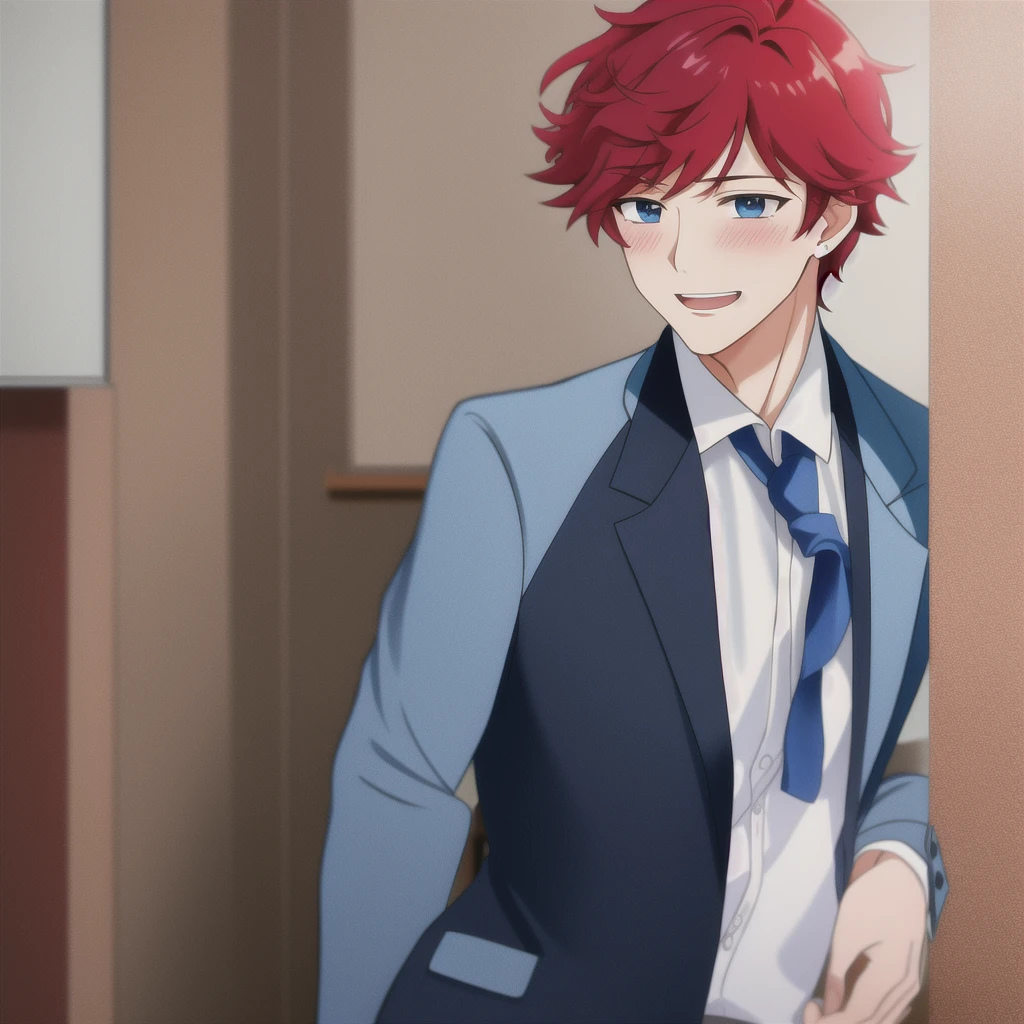 4K, hombre alto maduro, ojos azules, cuerpo marcado, traje y corbata, absurdres,bishounen, attractive man, red hair, laughing, front view, wearing a shirt, blushing, caf background