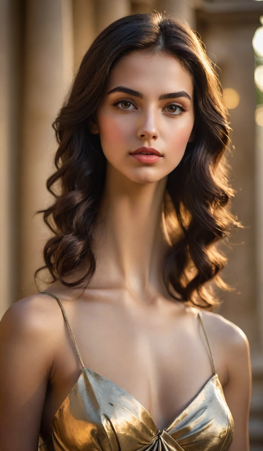 (a girl with extraordinary beauty,greek-looking,latin roots), (realistic,photorealistic:1.37),ultra-detailed, (best quality,highres:1.2), vivid colors, sharp focus, (concept artists,portrait:1.1), (impressive,exquisite face:1.1), (captivating,expressive eyes:1.1), (beautiful detailed lips:1.1), (long dark hair:1.1), (slim figure:1.1), (graceful, statuesque body:1.1), (elegant,poised pose:1.1), (bokeh,soft background:1.1), (warm golden light:1.1), (subtle classical sculpture references:1.1)
