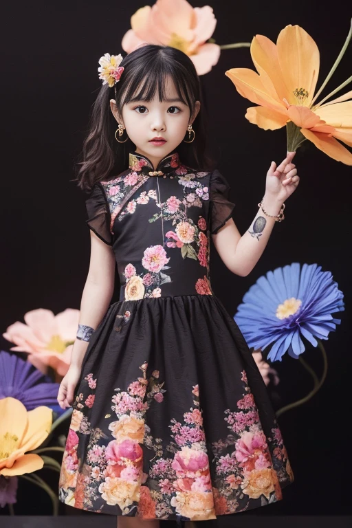 A charming  girl wearing a small cheongsam，Behind it are pink flowers。The illustration is a high-definition illustration in 4K resolution，featuring highly detailed facial features and cartoon-style visuals，（Butterfly dance）