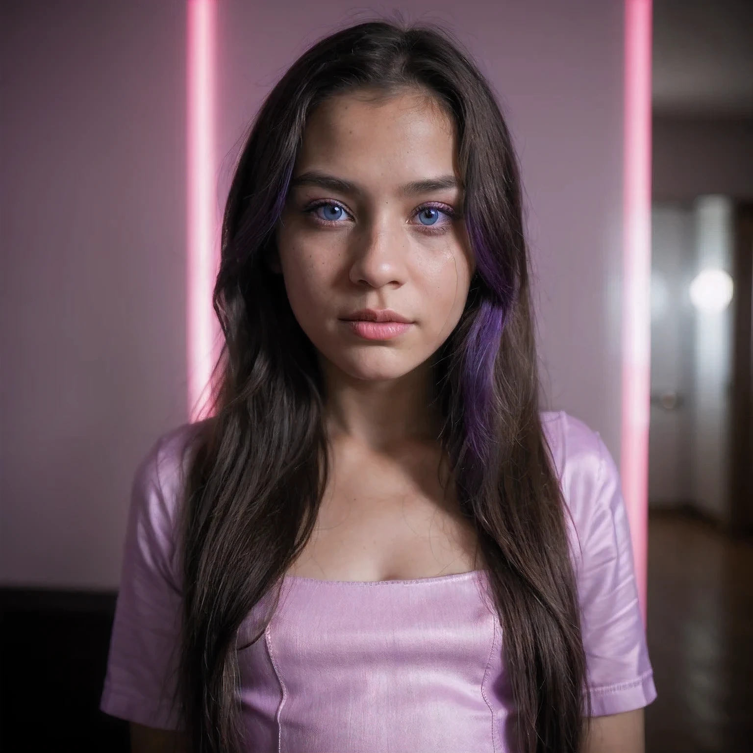 photo of a pupil，9 , in Purple Pink, futuristic cotton and linen, (freckles:0.8) cute face, sci-fi, dystopian, detailed eyes, cobalt blue eyes（（Side view））Disco bar