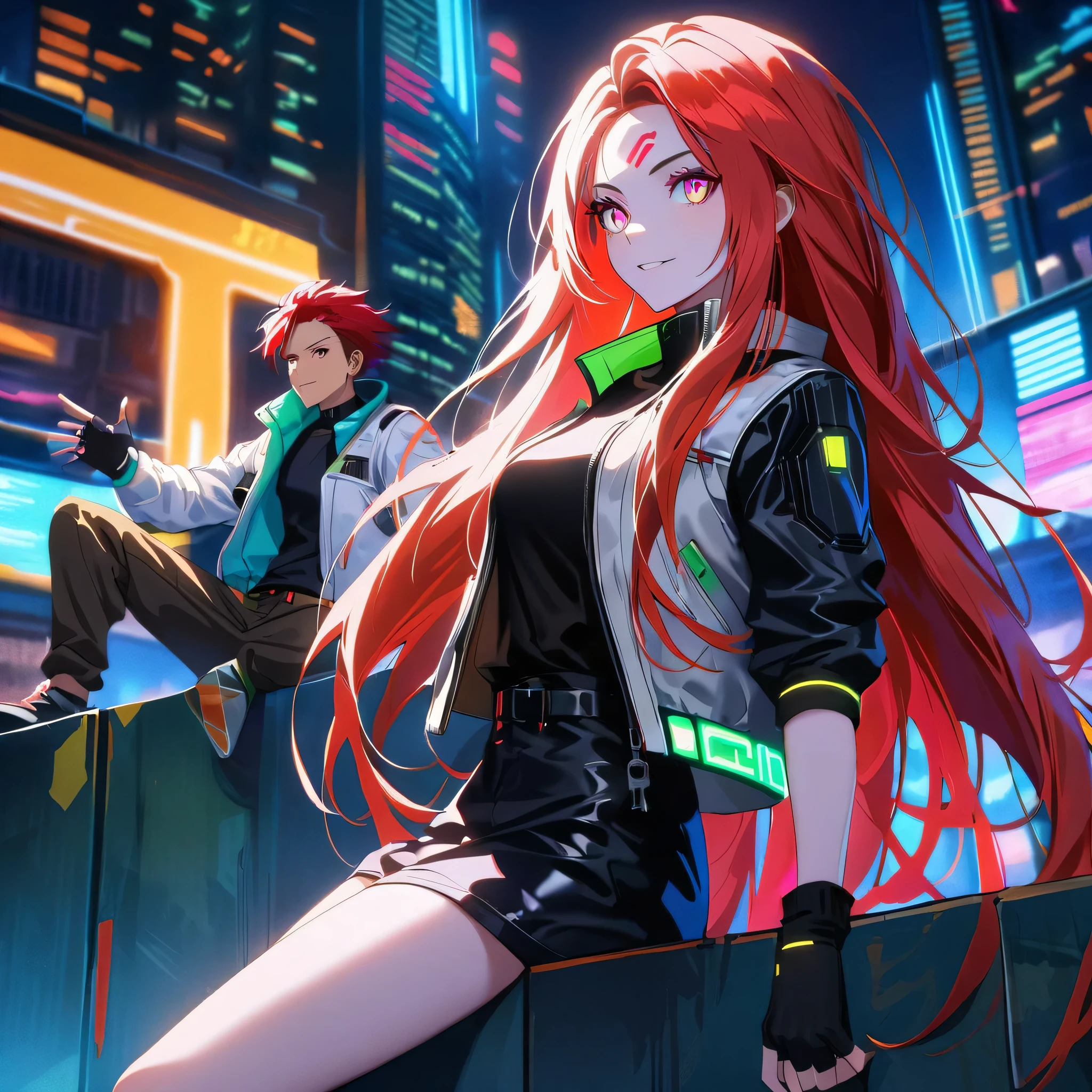 two persons, A man and a girl , man with short and red hair messy upwards with some ultra long strands falling on the forehead, holding a perfect neon katana wearing a leather white jacket and black t shirt, sitting and confident pose, confidente smile, cyberpunk, night, fingerless gloves , red hair, neon eyes, ultra detailed face, gorgeous cute girl with very white long hair, parkour, cyberpunk tweaks, city rooftops, dangerous look 