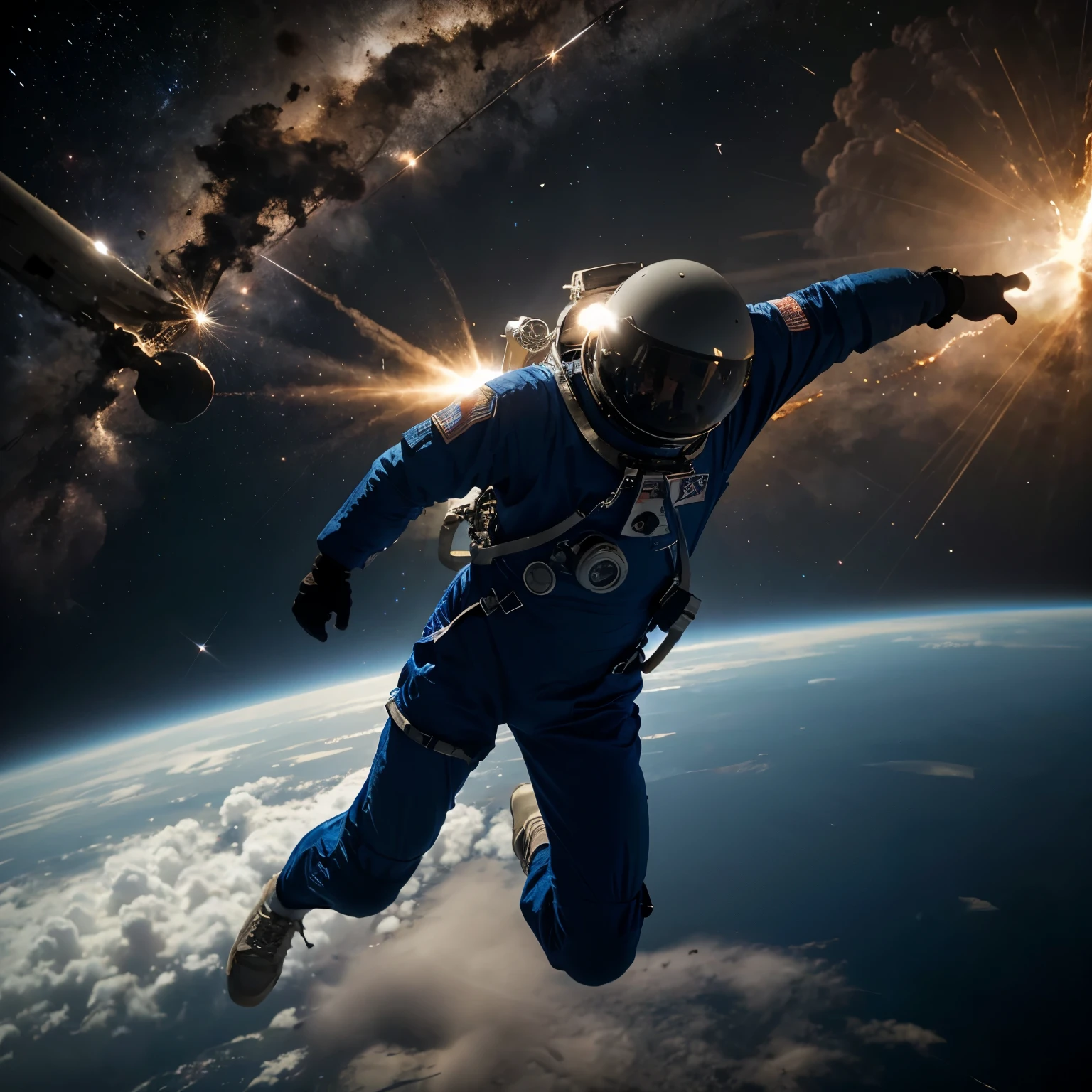 create a guy flying without an astronaut suit in space and the earth exploding 