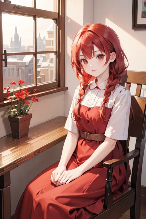 masterpiece, highest quality, High resolution, 、Red eyes、
Red hair、Braiding、Crimson Dress, Western-style building、Sit by the window