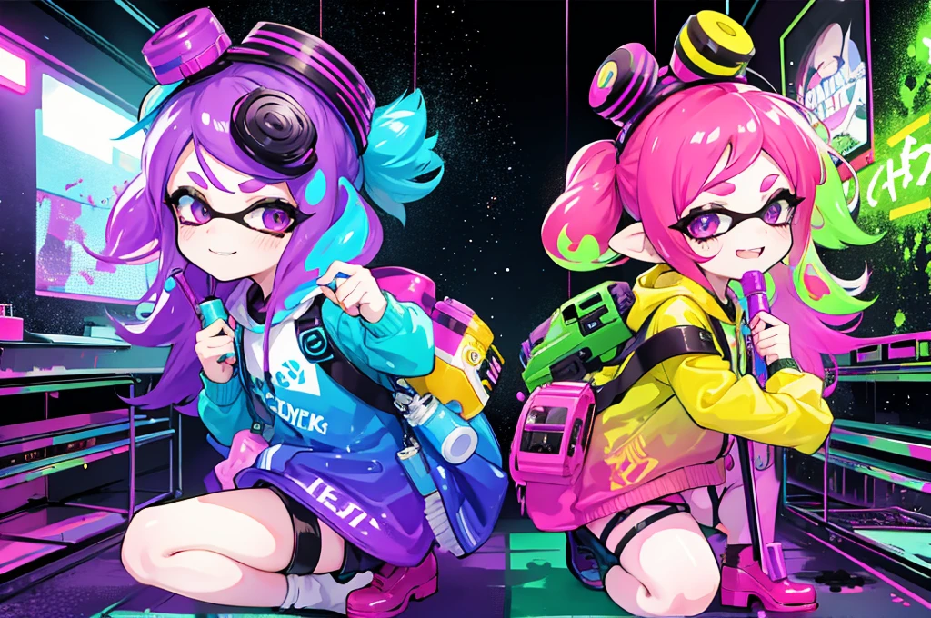 popart,tween kids playing Splatoon pretend,have a lot of ink on their bodies,playing with paint on each other using water-gun or ink-gun,colorful classroom,very happy,beautiful lighting, volumetric lighting, dynamic pose,sharp,